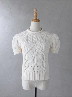 Ralph Lauren Blue Label Cotton Cable-Knit Puff Sleeve Sweater White | L
